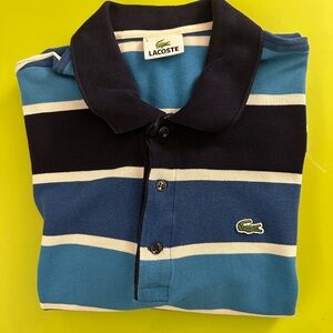 Lacoste Polo Shirt - Navy and Sky Blue Stripes. Size 5/US L, gently used!